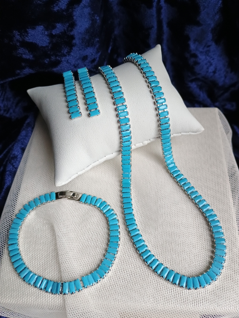 Swarovski Elements Turquoise Baguette Tennis Necklace - Contemporary NEW